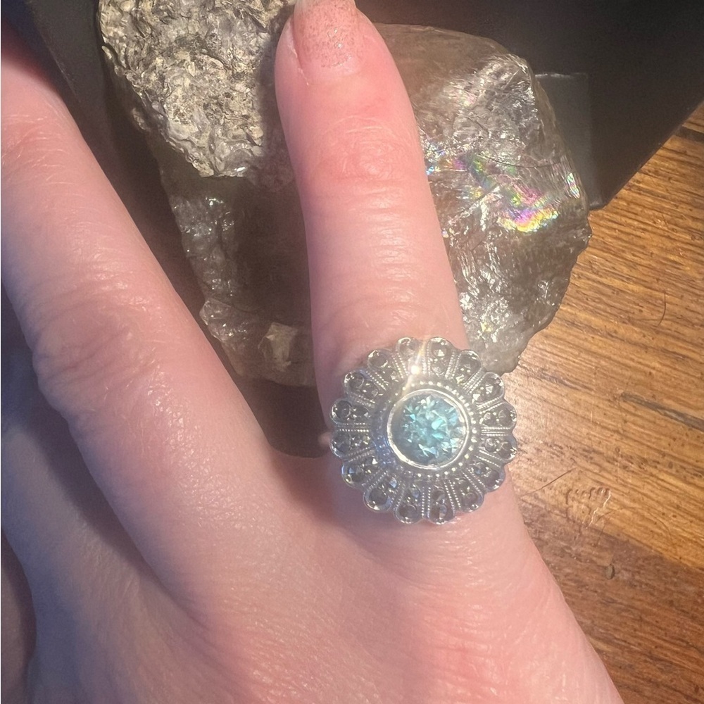 Silver Statement Ring Aquamarine Stone Round CZ Circled Setting EUC Sz 4